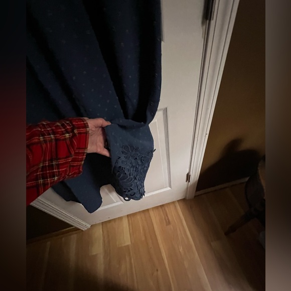 BloomChic steel blue dotted Swiss short sleeved, below knee dress w/crochet trim - Picture 3 of 8